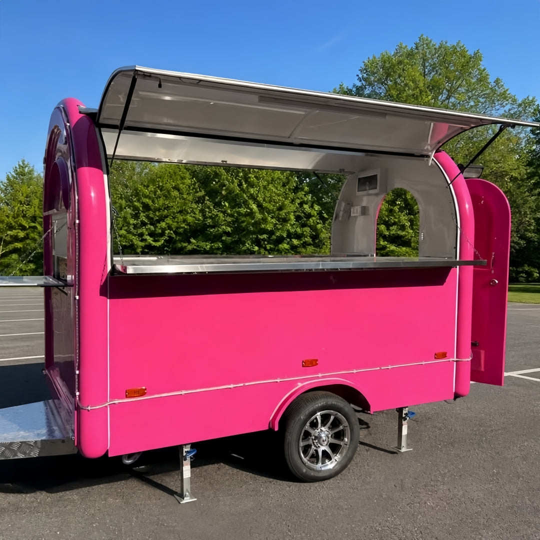 7.2ft Hot Pink Round Top Food Trailer for Desserts & Sweets with Single Axle & Large Serving Window