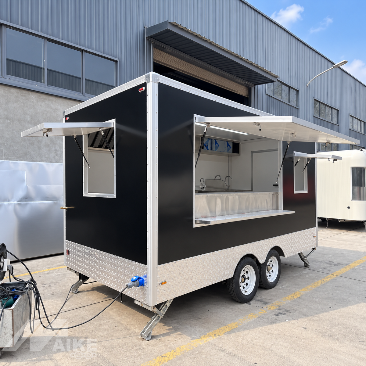 Black Double Axle Food Trailer with Multiple Serving Windows for Street Food and Catering