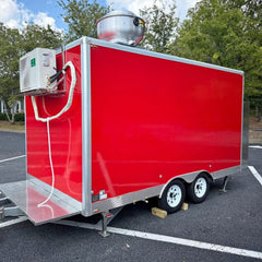 13ft Bright Red Enclosed Food Trailer with Dual Axle, Serving Window & Diamond Plate Trim