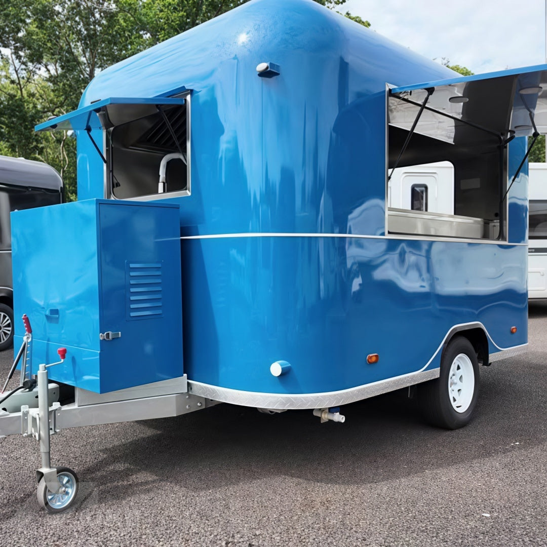 Blue Rounded Food Trailer with Dual Serving Windows for Coffee, Snacks and Street Food