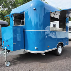 Blue Rounded Food Trailer with Dual Serving Windows for Coffee, Snacks and Street Food