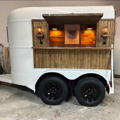 9.8ft White & Rustic Wood Vintage Horsebox Mobile Bar Trailer with Dual Axle & Pendant Lighting