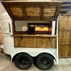9.8ft White & Rustic Wood Vintage Horsebox Mobile Bar Trailer with Dual Axle & Pendant Lighting