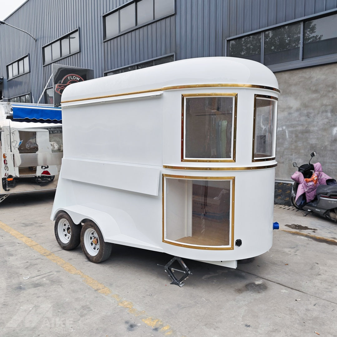 9.8ft White Vintage Horsebox Food Trailer for Wedding Catering & Coffee with Dual Axle & Gold Trim Windows