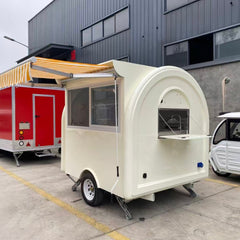 7.2ft Cream Round Top Food Trailer for Mobile Coffee & Ice Cream with Striped Awning & Glass Windows