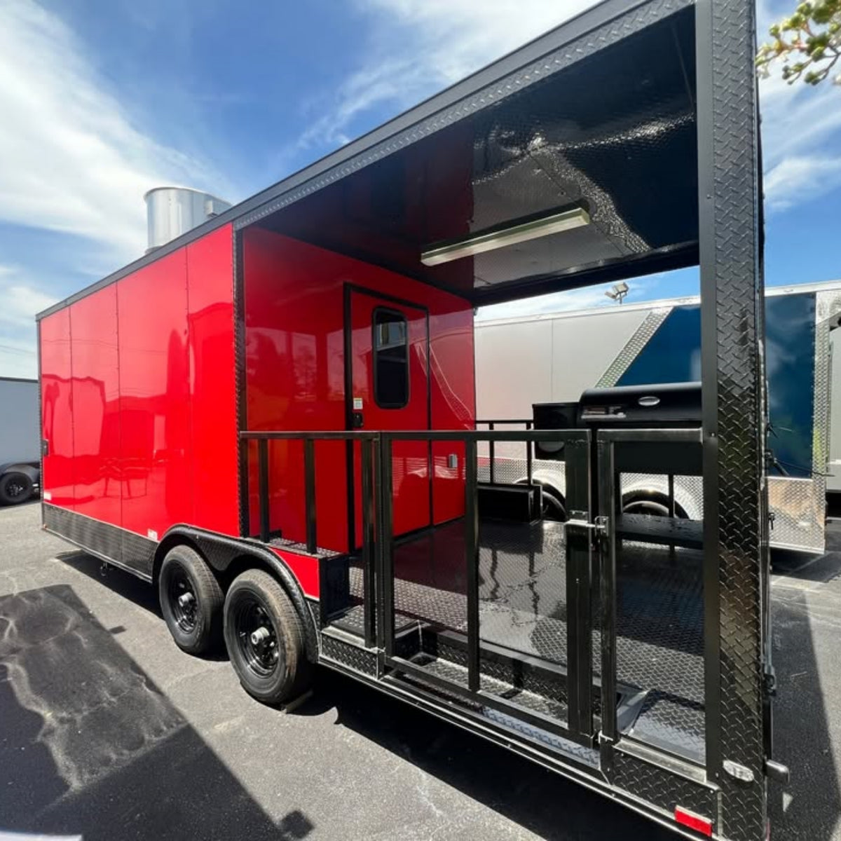 Red BBQ Smoker Trailer | Dual Axle Mobile Kitchen with Rear Deck