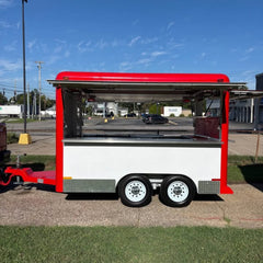 13ft Classic Red & White Dual Axle Food Trailer with Large Serving Window & Diamond Plate Trim
