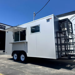 13ft Light Grey Enclosed Food Trailer with Serving Window, Drop-Down Counter & Dual Axle