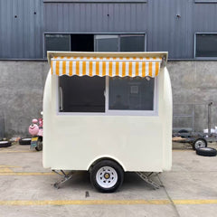 7.2ft Cream Round Top Food Trailer for Mobile Coffee & Ice Cream with Striped Awning & Glass Windows