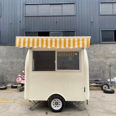 7.2ft Cream Round Top Food Trailer for Mobile Coffee & Ice Cream with Striped Awning & Glass Windows