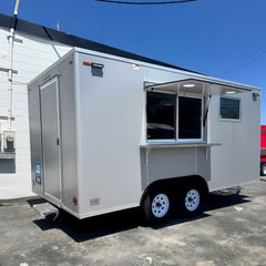 13ft Light Grey Enclosed Food Trailer with Serving Window, Drop-Down Counter & Dual Axle