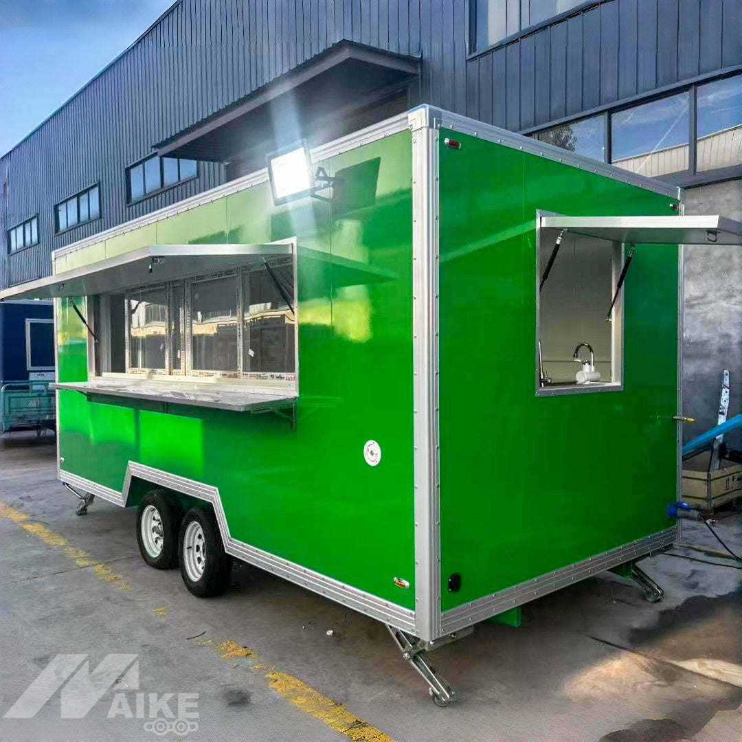 Green Double Axle Food Trailer with Stainless Steel Kitchen for BBQ, Burgers and Street Food