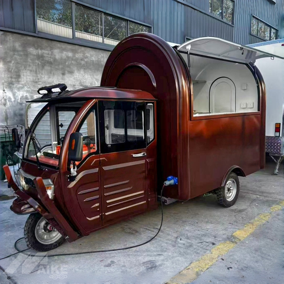 Retro Brown Three Wheel Food Truck with Mobile Kitchen for Coffee, Snacks and Desserts