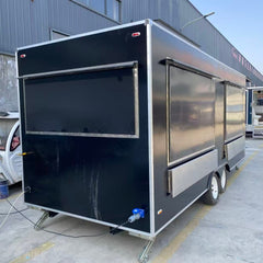 Black Enclosed Food Trailer with Multiple Serving Windows - Dual Axle