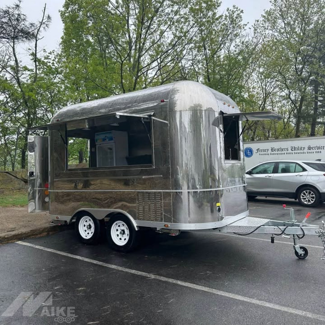 Vintage Silver Food Trailer with Serving Windows Mobile Kitchen for Coffee, BBQ and Street Food
