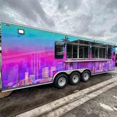 23ft Custom Wrapped Tri-Axle Enclosed Food Trailer for High-Volume Catering with Neon Skyline Design