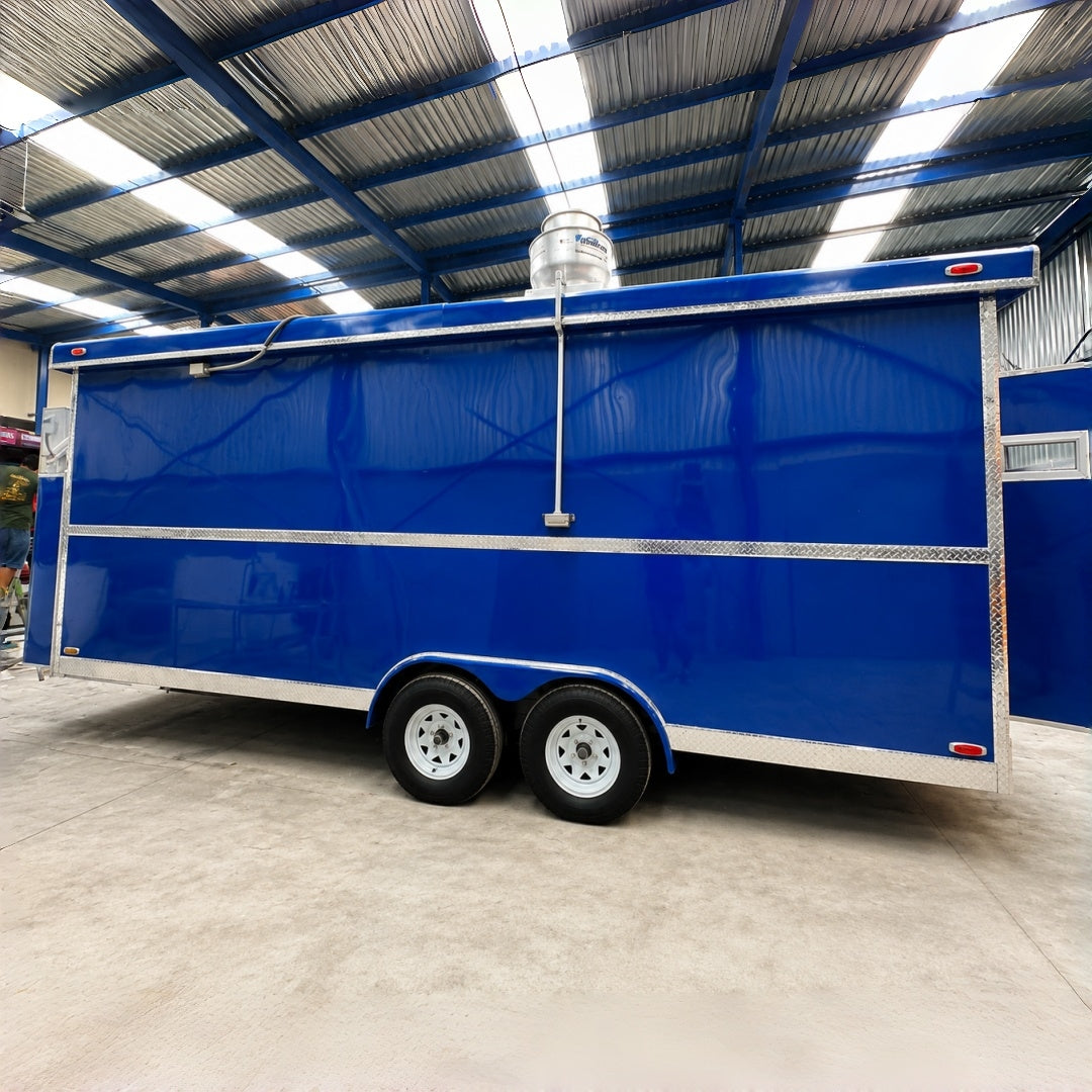 Blue Double Axle Food Trailer with Full Commercial Kitchen for Burgers, BBQ and Street Food