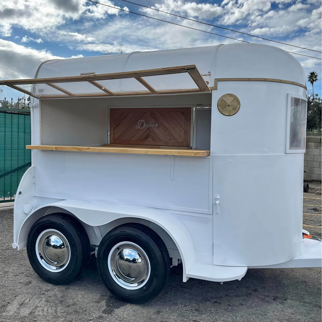 White Vintage Horse Trailer Bar with Wood Counter for Weddings, Coffee and Event Catering