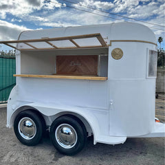 White Vintage Horse Trailer Bar with Wood Counter for Weddings, Coffee and Event Catering