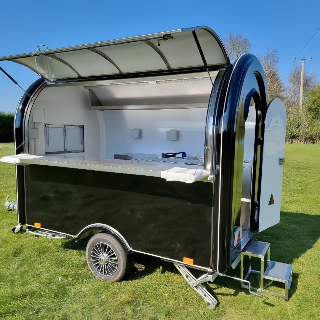 Sleek Black & White Curved Food Trailer - Premium Mobile Coffee Cart