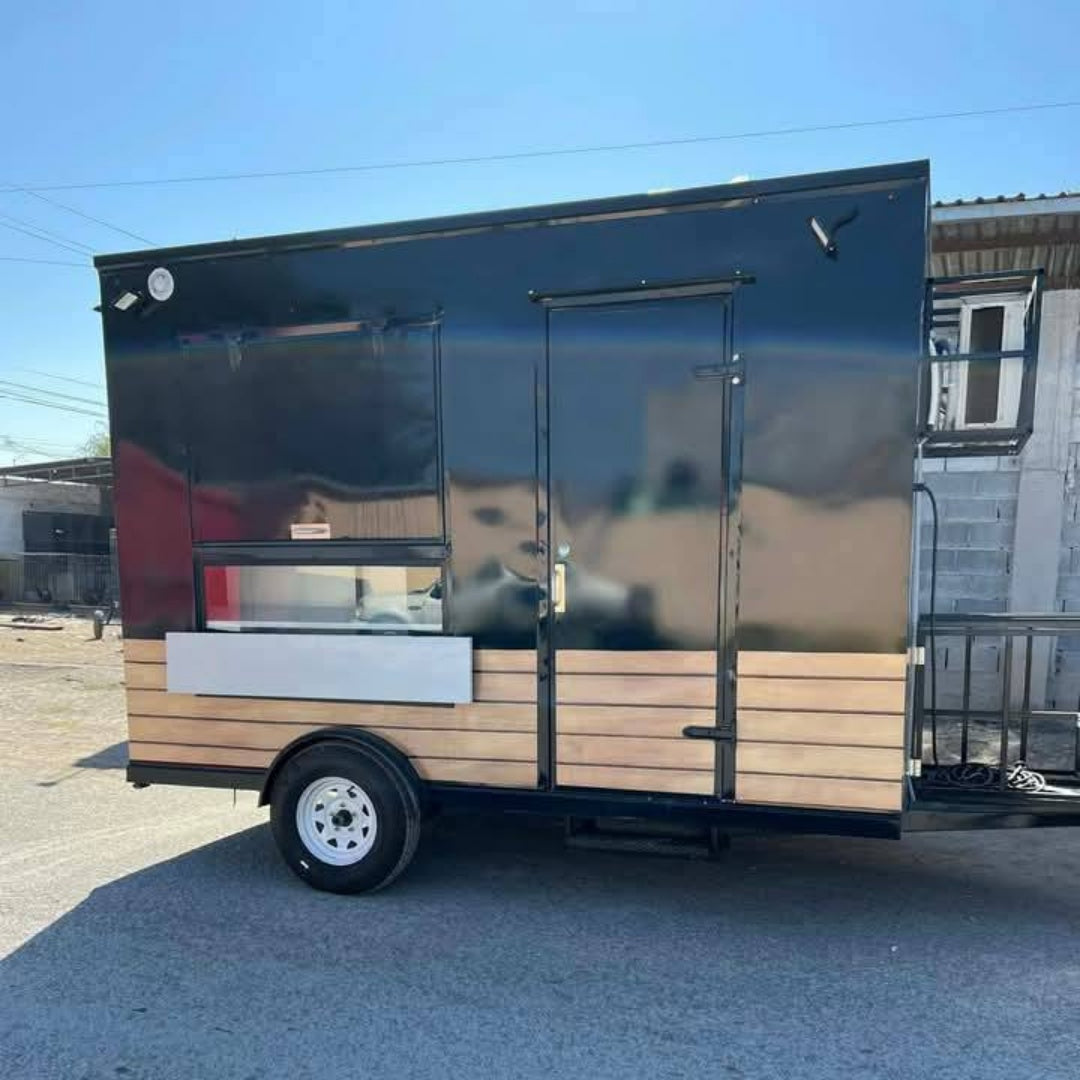9.8ft Black & Wood Enclosed Food Trailer for Mobile Coffee & Street Food with Single Axle & Front Platform