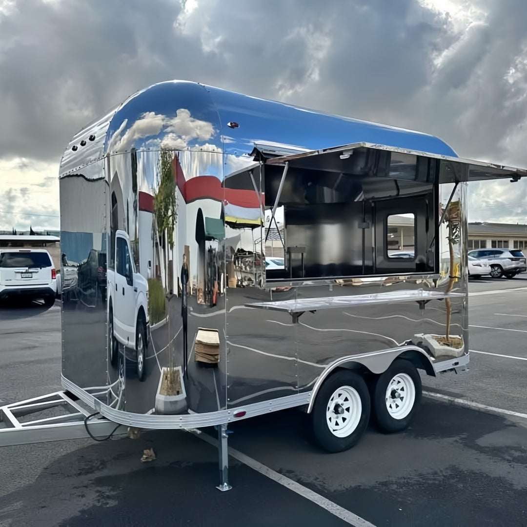 Mirror-Polished Stainless Steel Dual-Axle Food Trailer