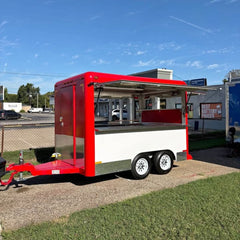 13ft Classic Red & White Dual Axle Food Trailer with Large Serving Window & Diamond Plate Trim
