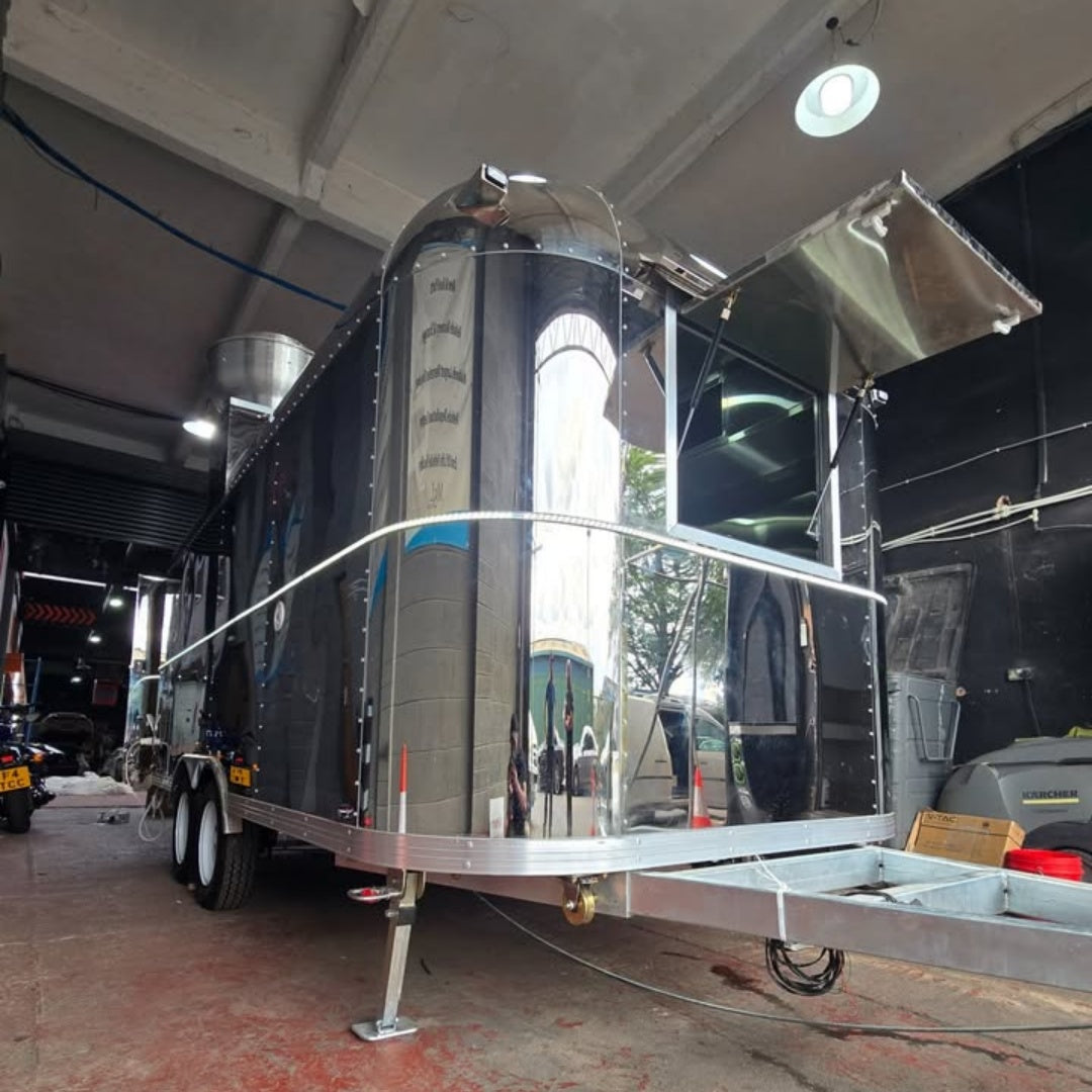 Mirror Polished Stainless Steel Food Trailer with Roof Exhaust - Dual Axle