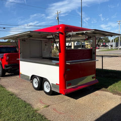 13ft Classic Red & White Dual Axle Food Trailer with Large Serving Window & Diamond Plate Trim