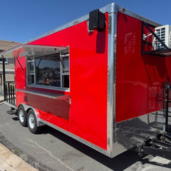 Red Food Trailer with Rear Porch and Serving Window for BBQ, Coffee and Outdoor Events