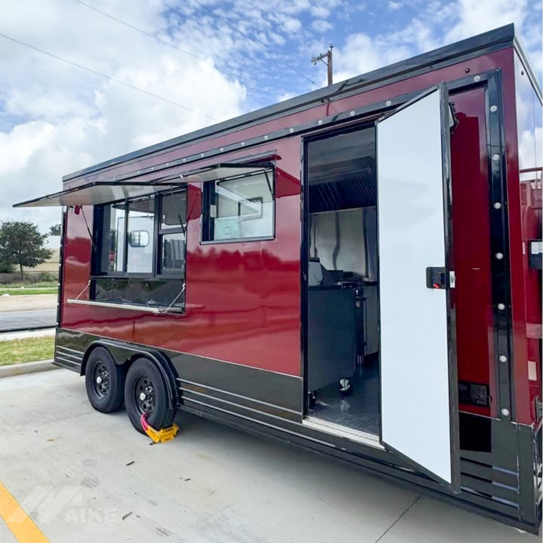 Red and Black Food Trailer with Rear Porch Mobile Kitchen for BBQ, Burgers and Street Food
