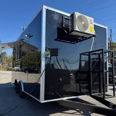 13ft Gloss Black Enclosed Food Trailer with Dual Axle, Front AC Platform & Sliding Glass Windows