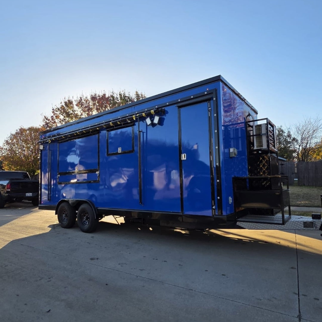 16ft Royal Blue Enclosed Food Trailer with Dual Axle, Black Trim & Front AC/Equipment Platform
