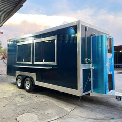 16ft Dark Blue Corrugated Food Trailer with Dual Axle, Double Glass Windows & Diamond Plate Trim