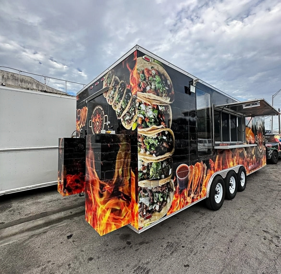 22ft Triple Axle Enclosed Food Trailer for Taco & BBQ Catering with Custom Wrap & Front Storage Boxes