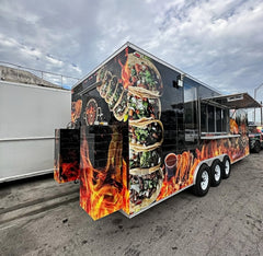 22ft Triple Axle Enclosed Food Trailer for Taco & BBQ Catering with Custom Wrap & Front Storage Boxes