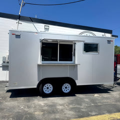 13ft Light Grey Enclosed Food Trailer with Serving Window, Drop-Down Counter & Dual Axle