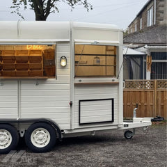 White Vintage Horse Trailer Food Cart with Dual Serving Windows for Coffee, Bakery and Dessert Pop-Ups