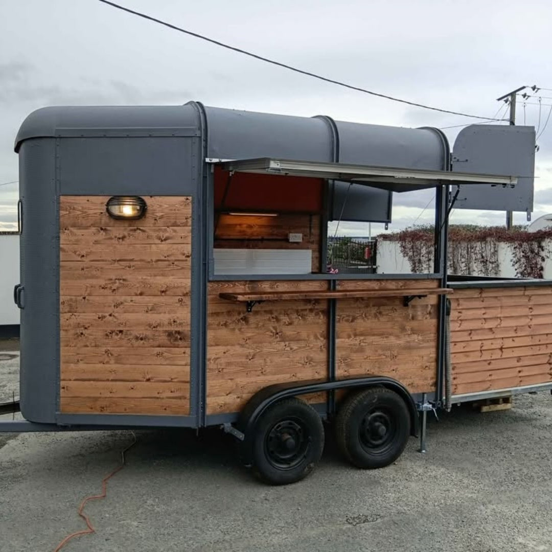 Rustic Charcoal & Dark Wood Horsebox Food Trailer - Rear Ramp Door