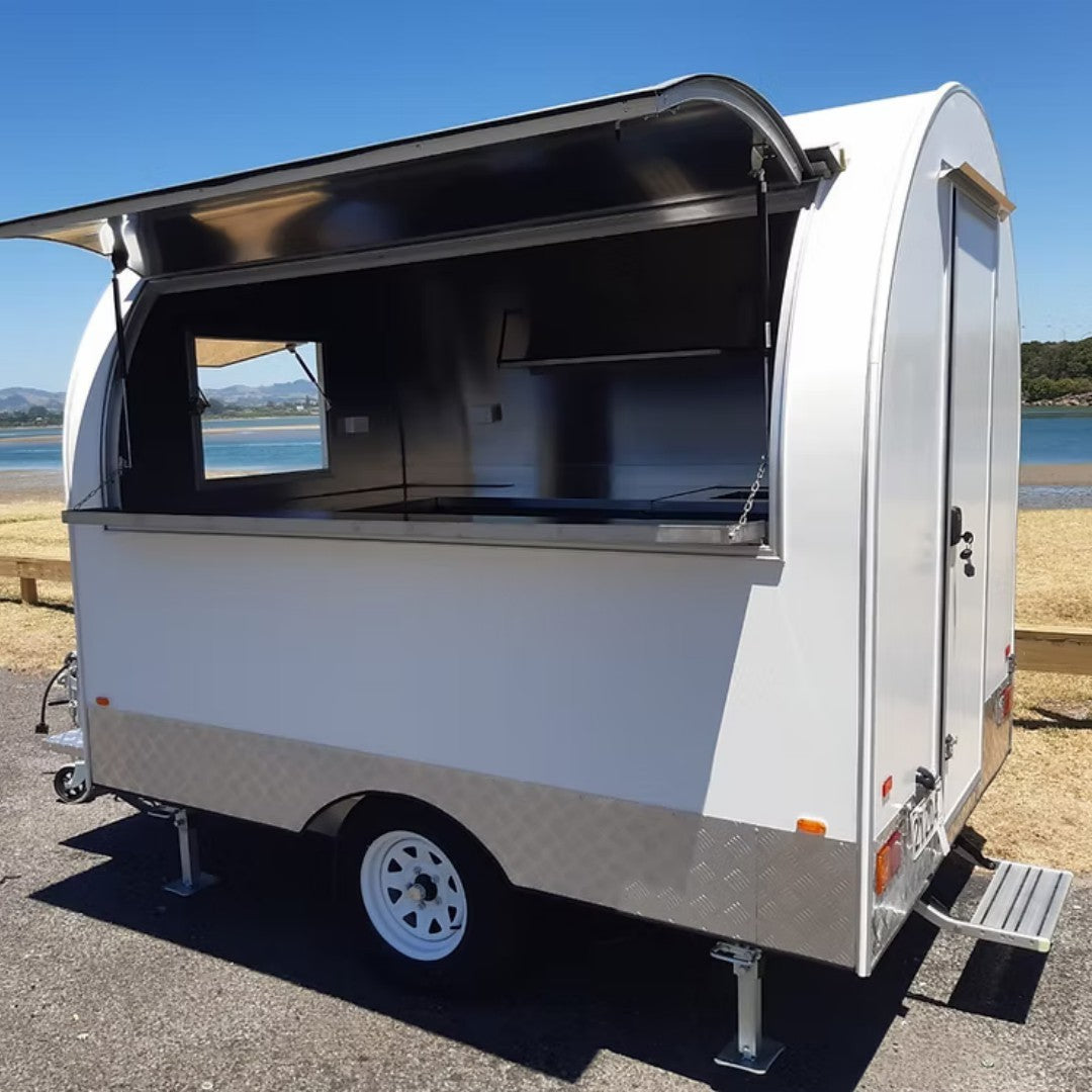 White Round-Top Catering Trailer - Single Axle Mobile Kiosk with Diamond Plate Trim
