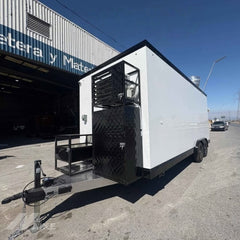 White and Black Food Trailer with Rear Porch Mobile Kitchen for BBQ, Burgers and Street Food
