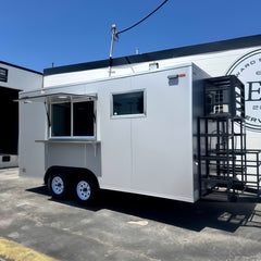 13ft Light Grey Enclosed Food Trailer with Serving Window, Drop-Down Counter & Dual Axle