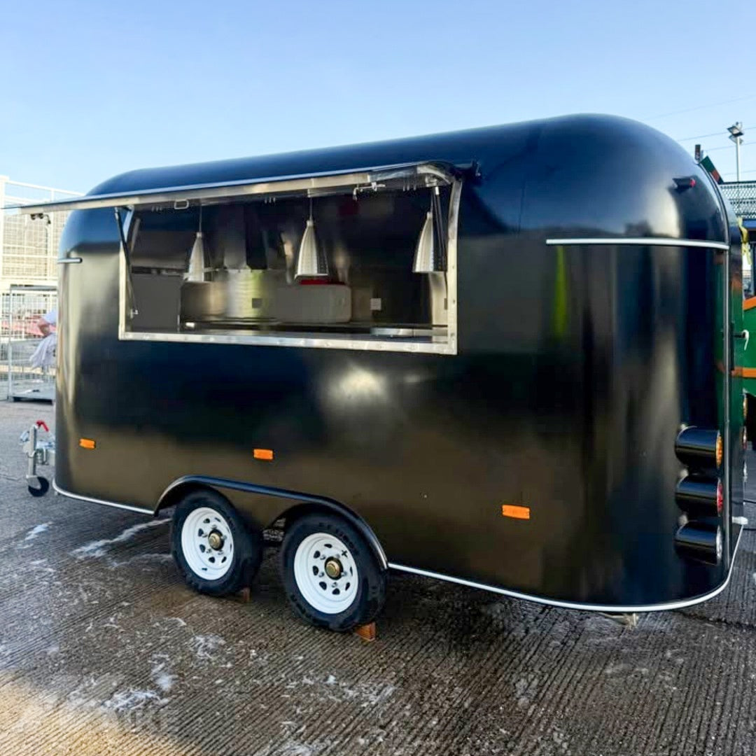 Vintage Black Food Trailer with Serving Window Mobile Kitchen for Coffee, BBQ and Street Food