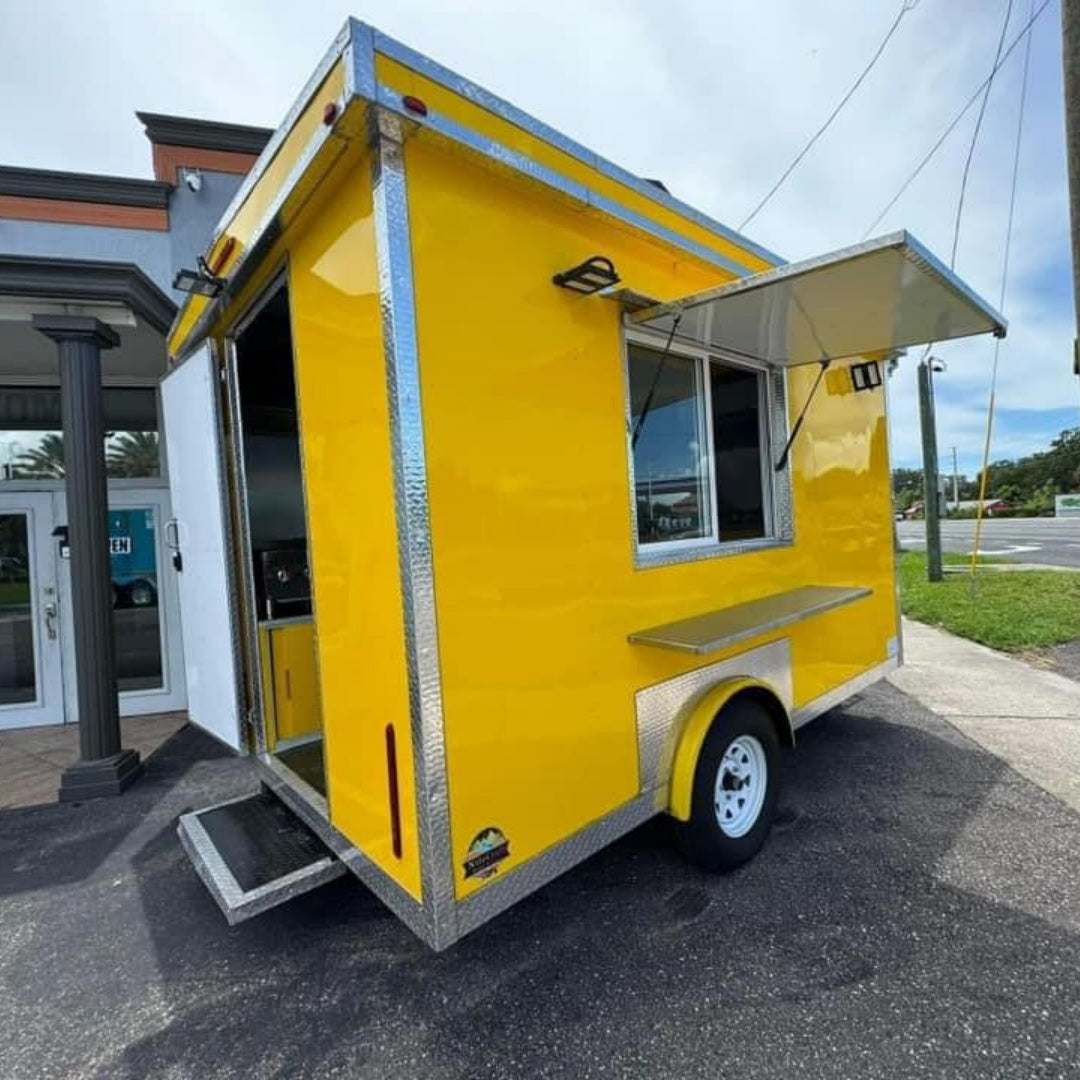 9.8ft Bright Yellow Compact Enclosed Food Trailer for Snacks & Hot Dogs with Single Axle & Diamond Plate Trim