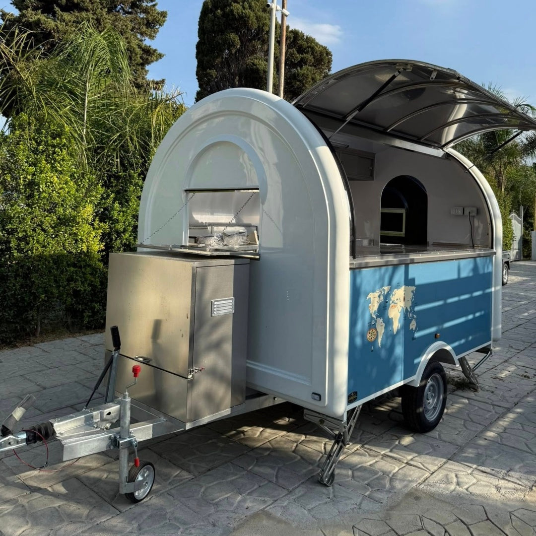 Blue and Cream Teardrop Food Trailer with Large Serving Window for Coffee, Snacks and Desserts