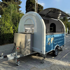 Blue and Cream Teardrop Food Trailer with Large Serving Window for Coffee, Snacks and Desserts