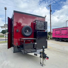 Red and Black Food Trailer with Rear Porch Mobile Kitchen for BBQ, Burgers and Street Food
