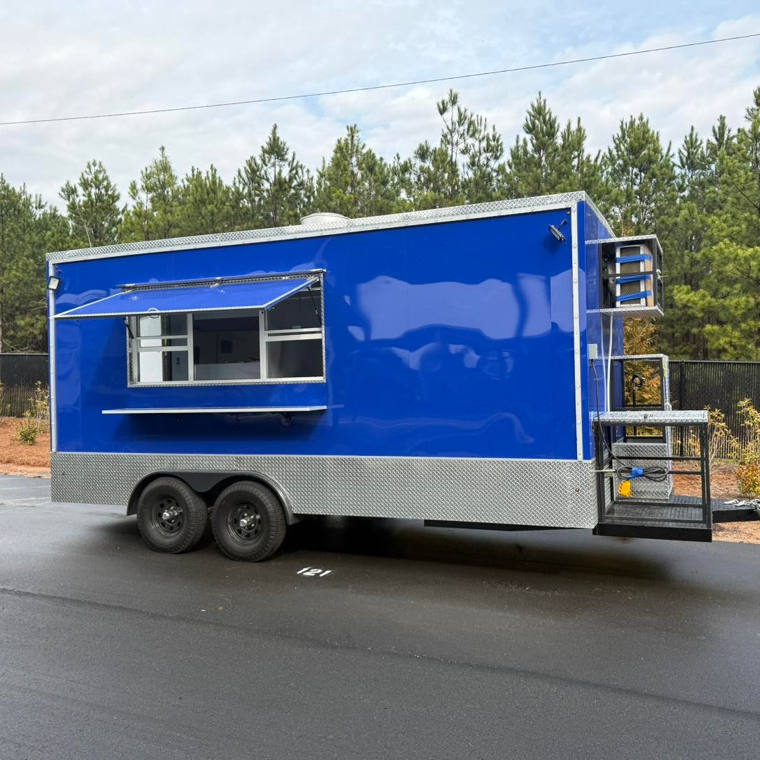 16ft Royal Blue Enclosed Food Trailer with Dual Axle, Wide Diamond Plate Skirt & Front Equipment Platforms
