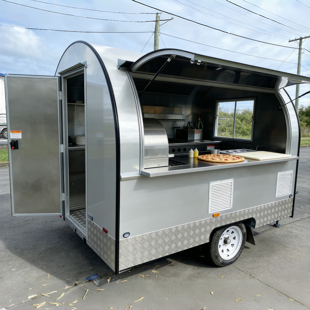 7.2ft Silver Round Top Food Trailer for Pizza & Fast Food with Single Axle & Diamond Plate Skirt