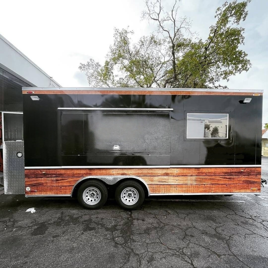 13.1ft Black & Woodgrain Enclosed Food Trailer for BBQ & Event Catering with Dual Axle & Front Generator Box